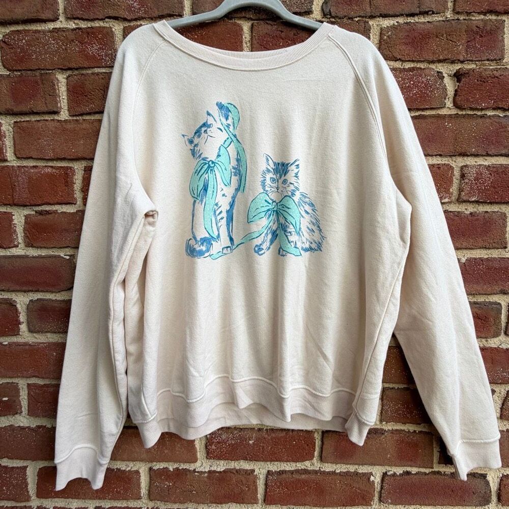 Anthropologie Maeve Animal Friends Crew Neck Pullover Sweatshirt Cream 2X NEW - Picture 2 of 12